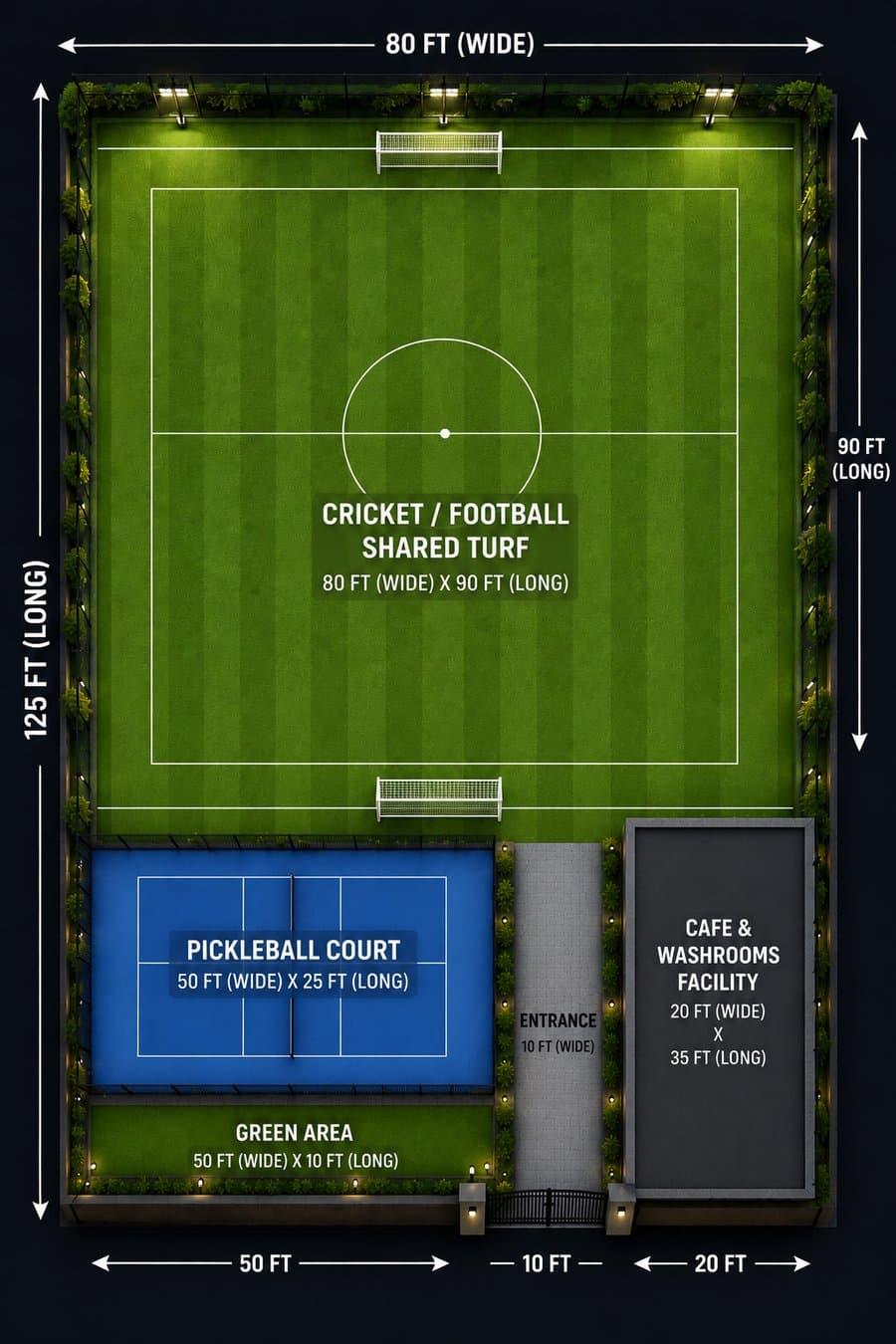 Top-down layout of Momentum Arena — cricket/football shared turf (80×90 ft), pickleball court (50×25 ft), cafe & washrooms (20×35 ft), green area (50×10 ft), 10ft entrance. Total 80×125 ft.